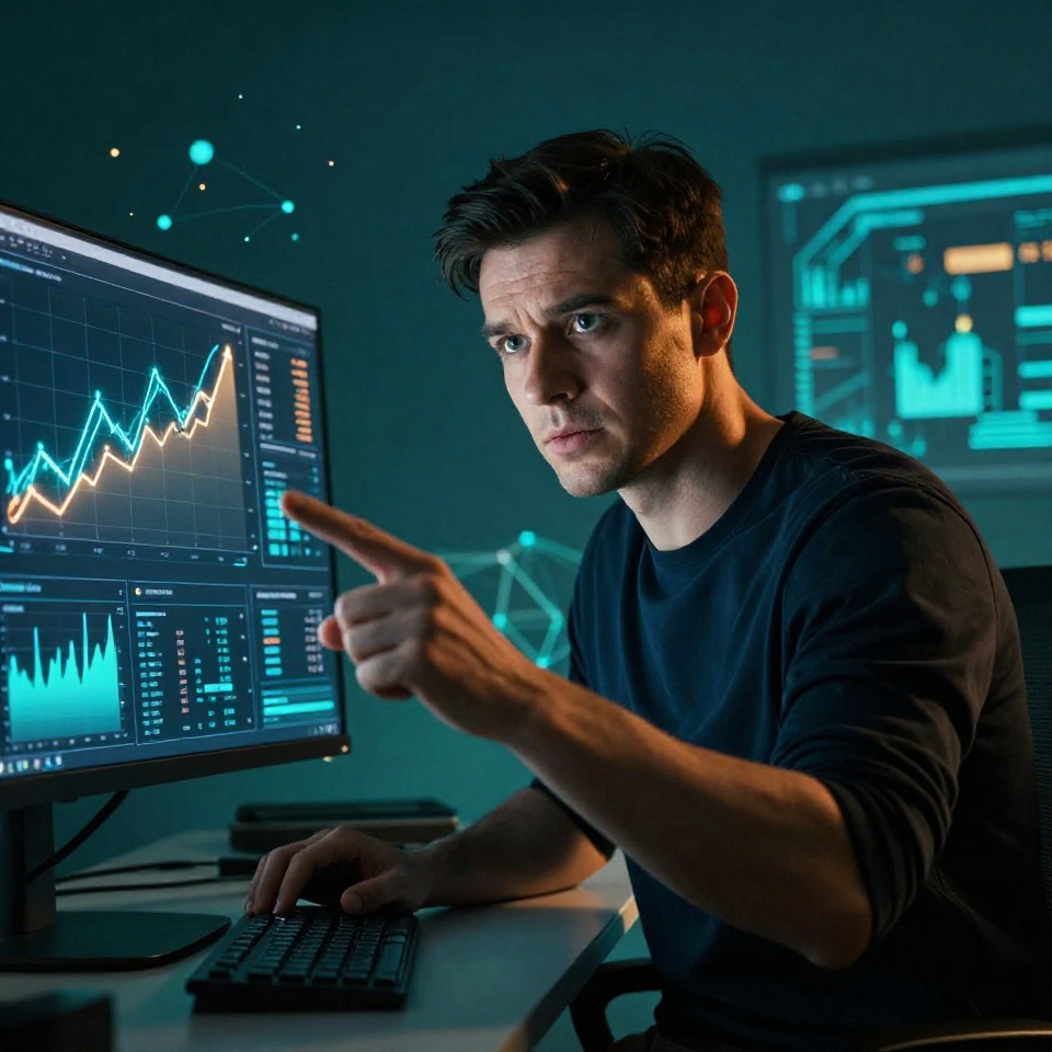Чоловік аналізує оновлені безкоштовні SEO-інструменти на моніторі з яскравими графіками та аналітикою