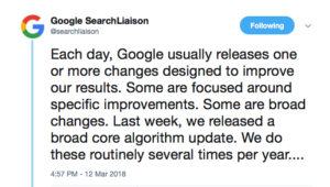 W marcu tego roku Google potwierdziło, że „opublikowało szeroką aktualizację algorytmu” w poważnym tweecie na koncie Google SearchLiasion na Twitterze: